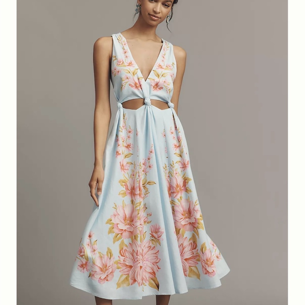 NWOT FARM Rio Linen blend V neck cutout midi dress